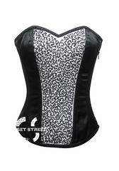 Black White Satin Sequins Gothic Burlesque Waist Cincher Bustier Overbust Corset Costume