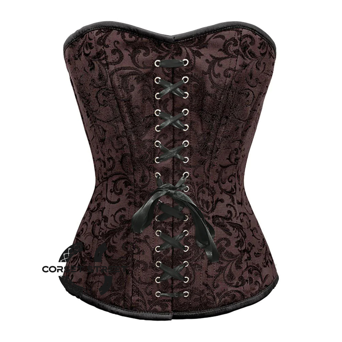 Brown Brocade Steel Boned Front Black Ribbon Overbust Corset