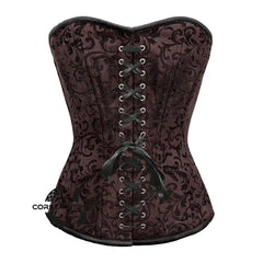 Brown Brocade Steel Boned Front Black Ribbon Overbust Corset