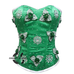 Green Satin Handmade Sequins Gothic Burlesque Waist Training Bustier Women Overbust Corset Costume