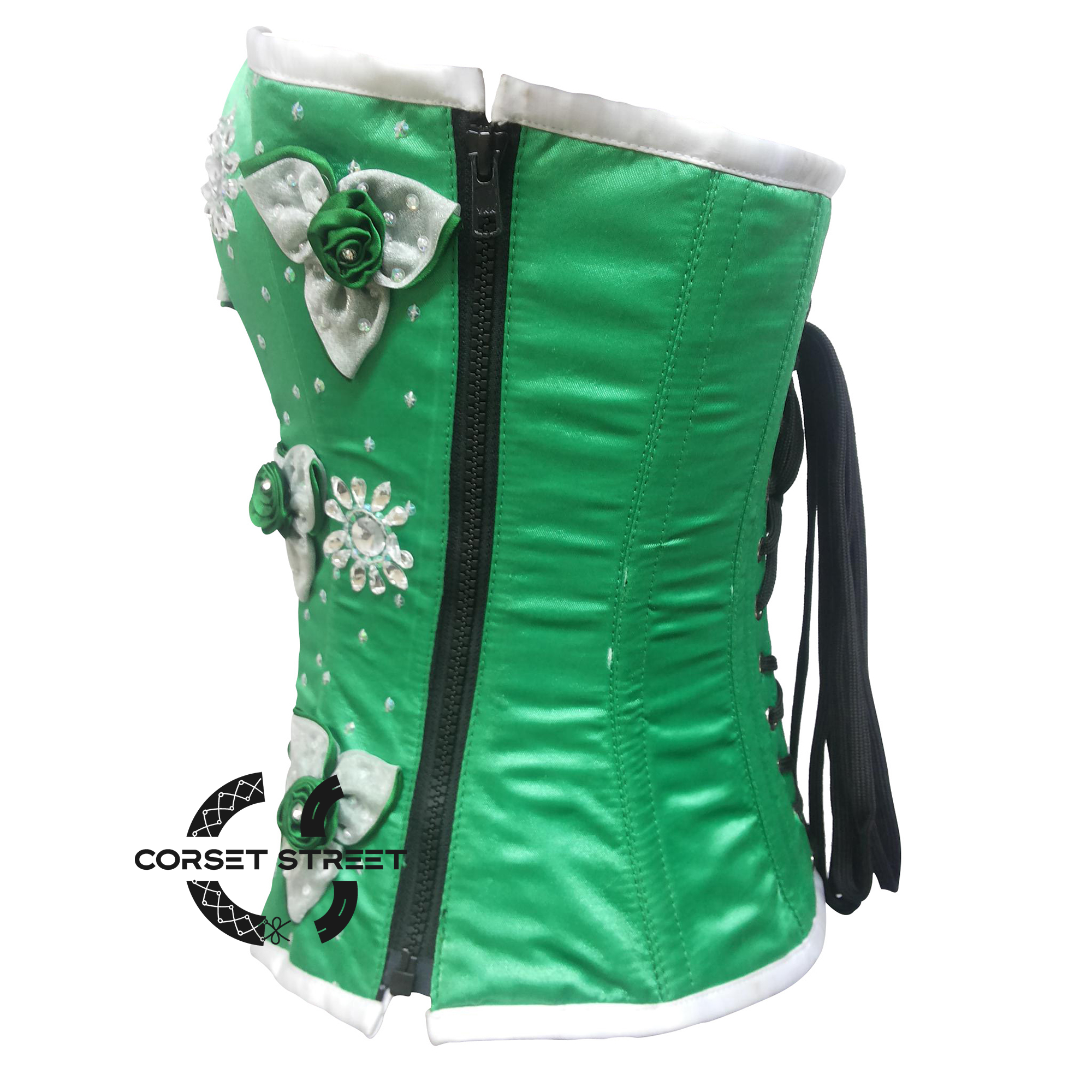 Green Satin Handmade Sequins Gothic Burlesque Waist Training Bustier Women Overbust Corset Costume