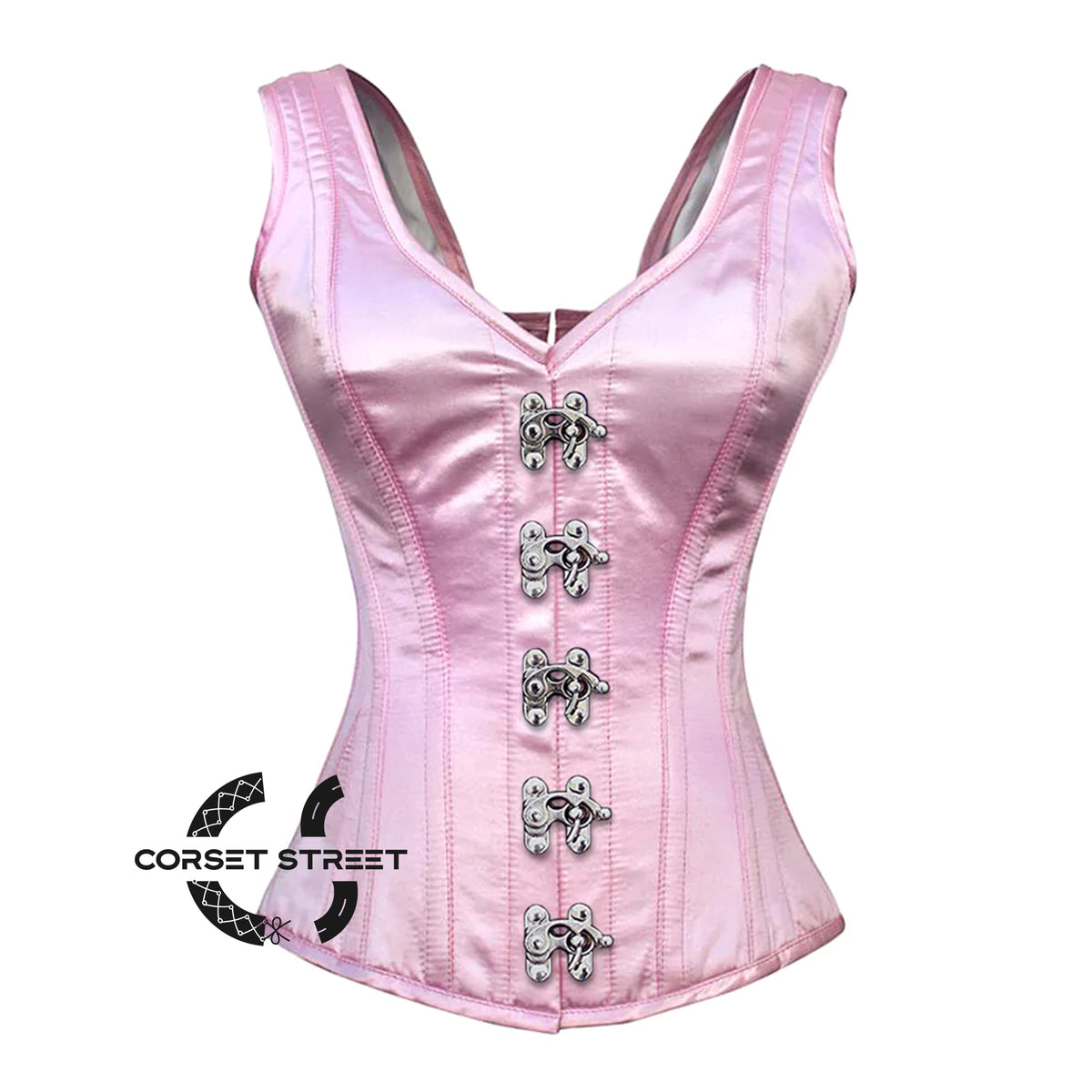 Baby Pink Satin With Front Silver Clasps Gothic Overbust Burlesque Corset Waist Training Top