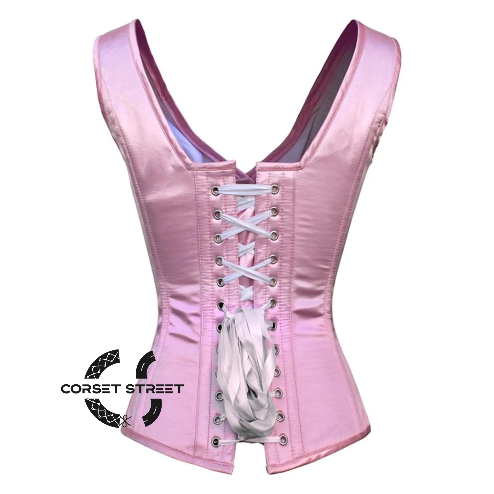 Baby Pink Satin With Front Silver Clasps Gothic Overbust Burlesque Corset Waist Training Top