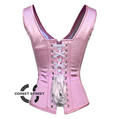 Baby Pink Satin With Front Silver Clasps Gothic Overbust Burlesque Corset Waist Training Top