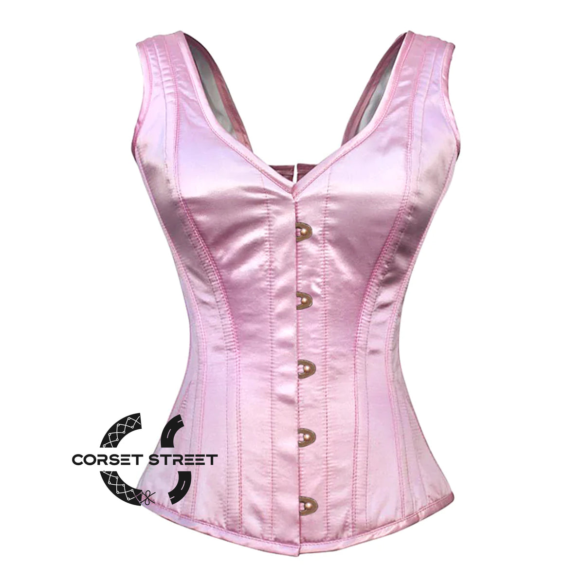 Baby Pink Satin With Front  Antique Busk Gothic Overbust Burlesque Corset Waist Training Top