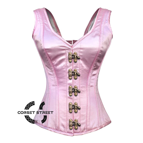 Baby Pink Satin With Front Clasps Gothic Overbust Burlesque Corset Waist Training Top