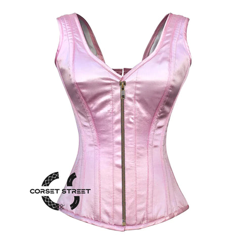 Baby Pink Satin With Antique Zipper Gothic Overbust Burlesque Corset Waist Training Top