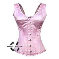 Baby Pink Satin With Front Silver Busk Gothic Overbust Burlesque Corset Waist Training Top