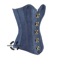 Blue Denim With Front Clasps Gothic Overbust Burlesque Corset Waist Training Top