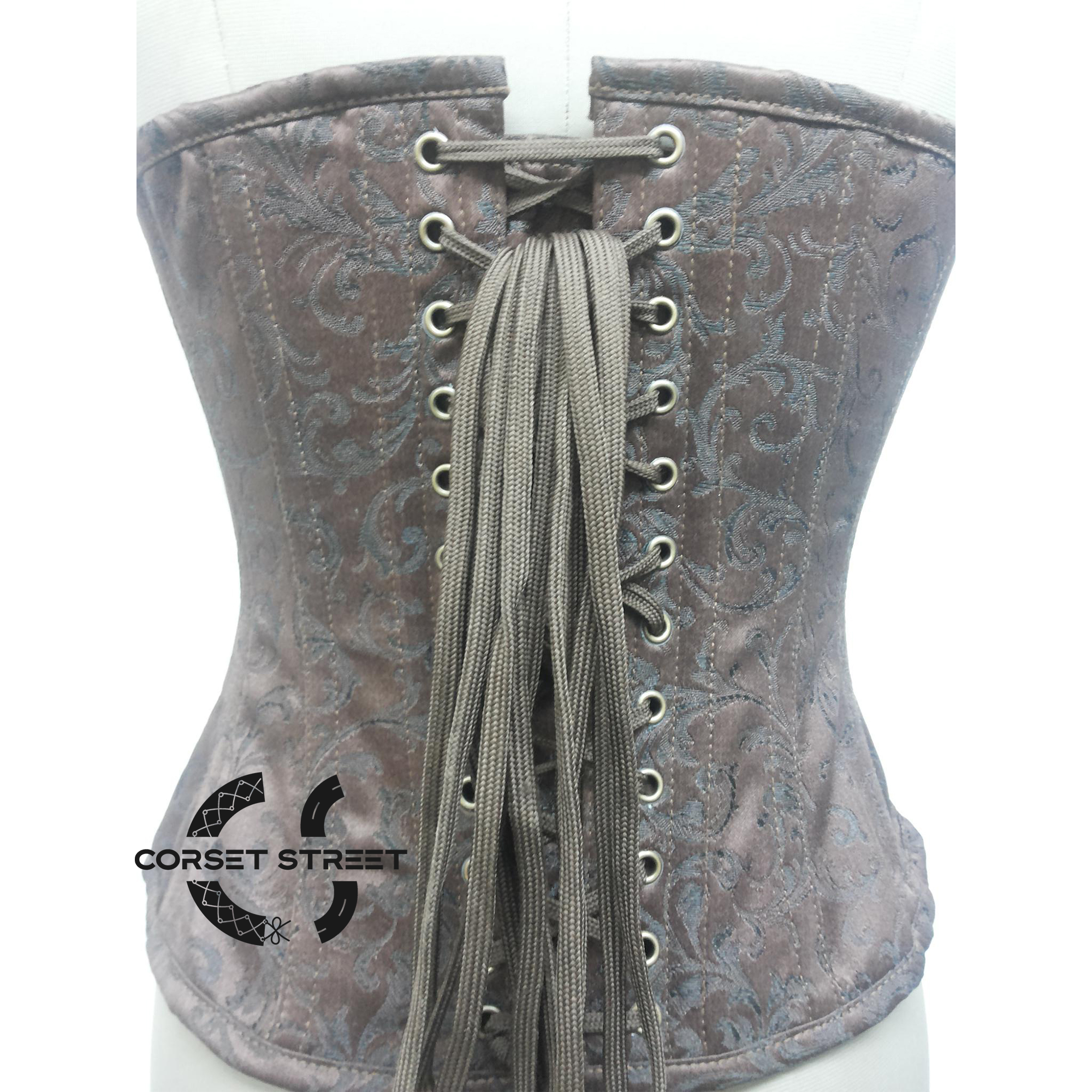 Brown Brocade Gothic Steampunk Overbust Waist Training Bustier Corset Period Costume