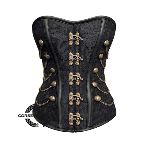 Black Brocade Steampunk Antique Clasps Waist Training Costume Gothic Corset Overbust Top