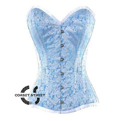 Baby Blue And White Brocade With Front Silver Busk Overbust Corset