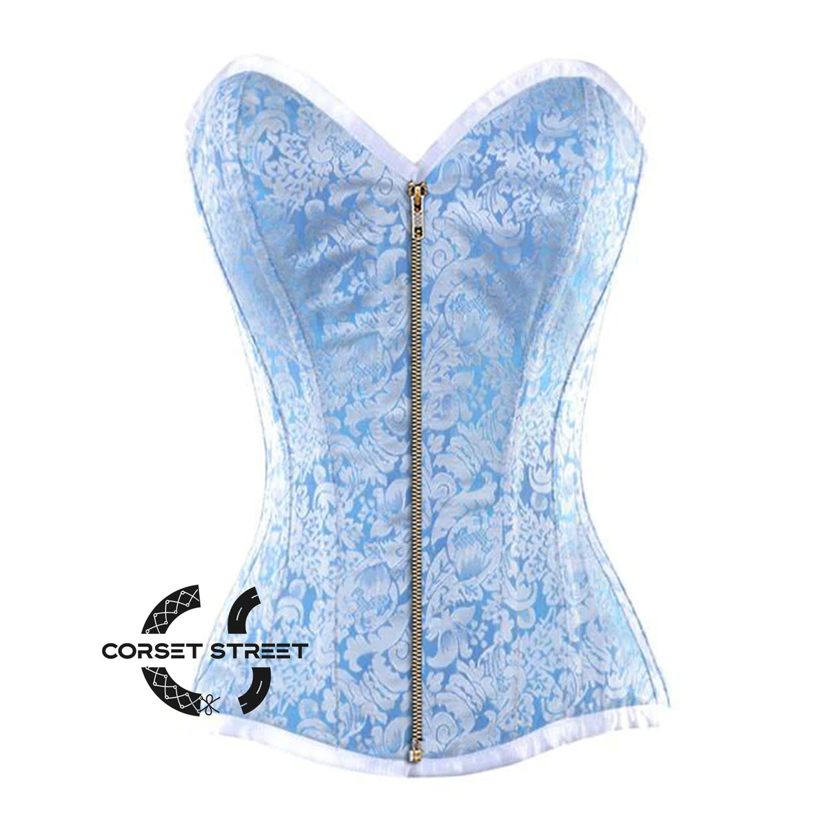 Baby Blue And White Brocade With Antique Zipper Overbust Corset