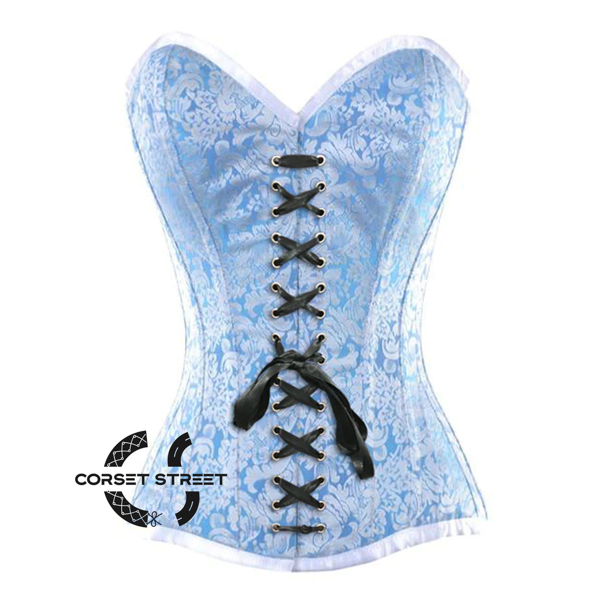 Baby Blue And White Brocade With Front Lace Overbust Corset
