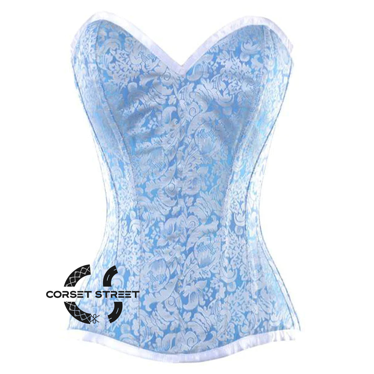Baby Blue And White Satin With Front Close Overbust Corset