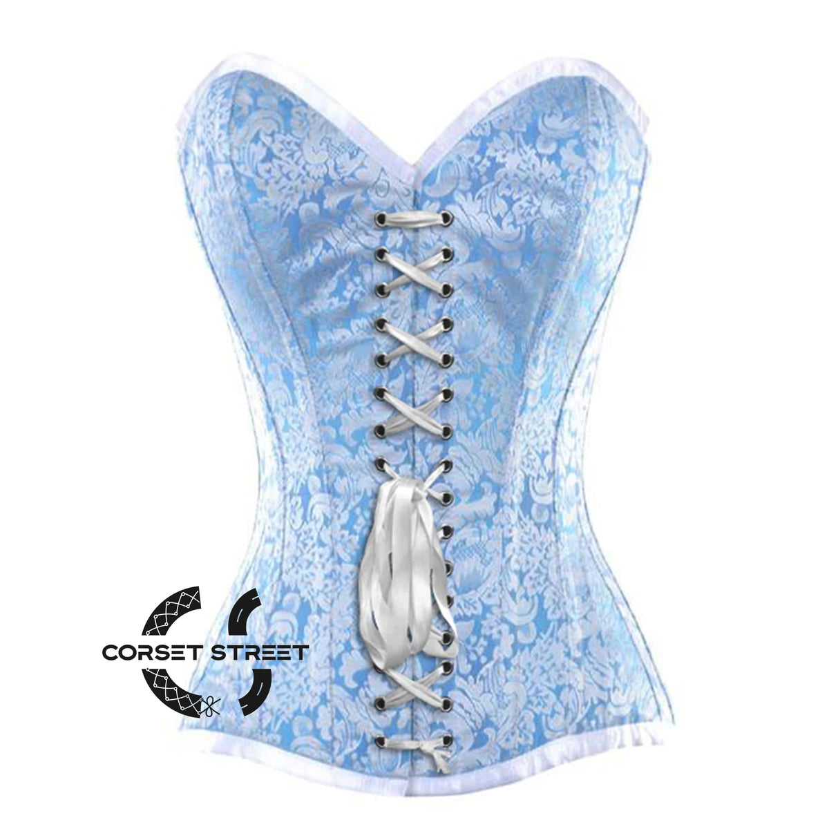 Baby Blue And White Satin With Front White Lace Overbust Corset