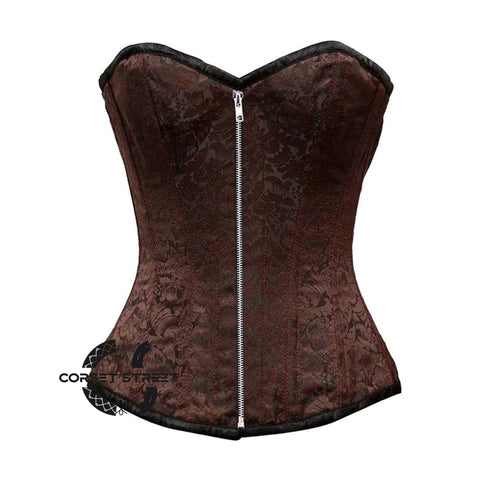 Brown Brocade With Front Silver Zipper Overbust Corset