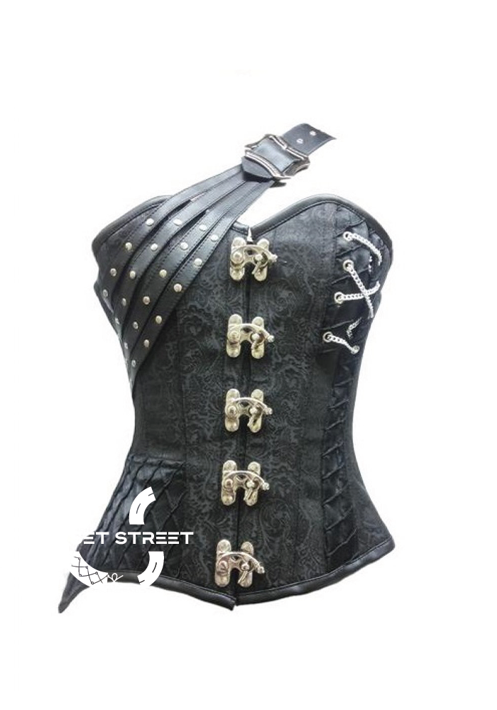 Black Brocade Leather Straps Gothic Steampunk Bustier Waist Training Women Overbust Corset Fantasy Costume