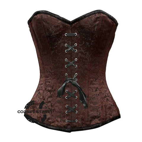 Brown Brocade With Front Lace Overbust Corset