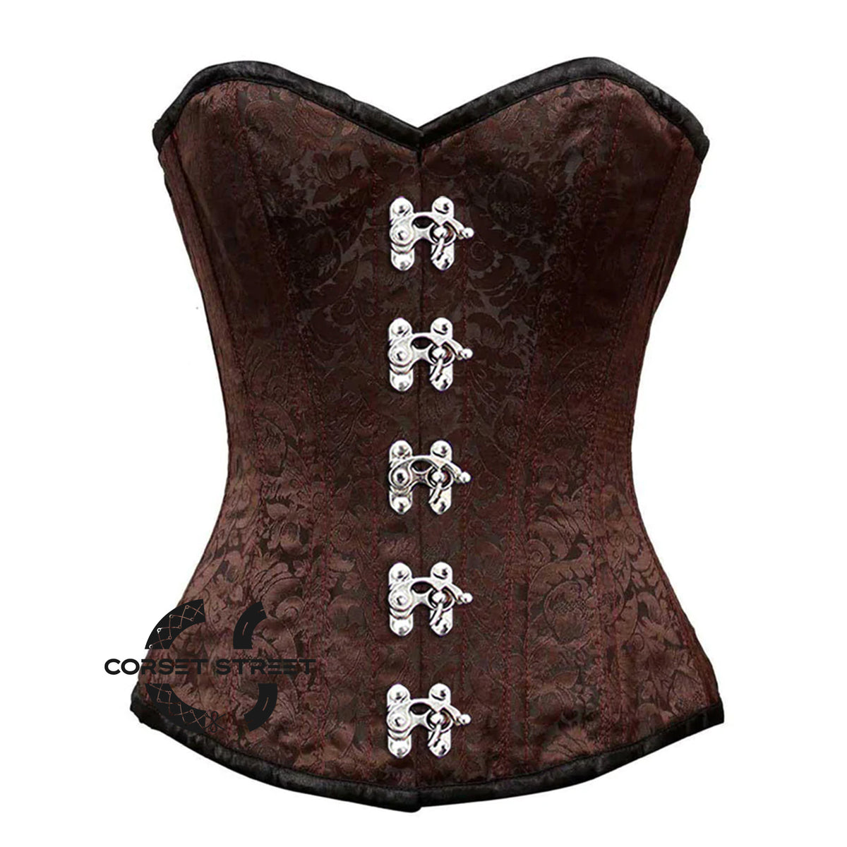 Brown Brocade With Front Silver Clasps Overbust Corset