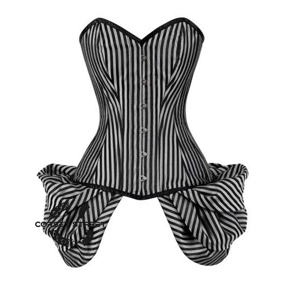 Black And White Striped Brocade With Front Silver Busk Overbust Corset