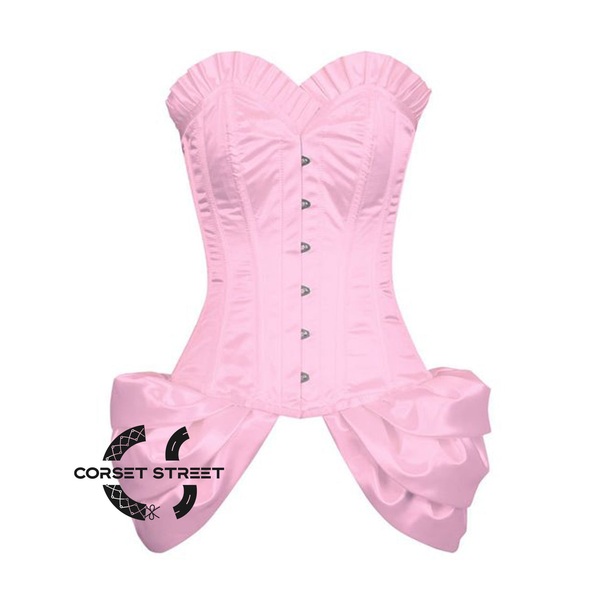 Baby Pink Satin Frill  With Front Silver Busk Overbust Corset