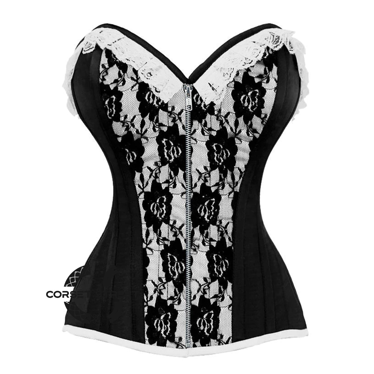 Black And White Brocade With Front Silver Zipper Overbust Corset