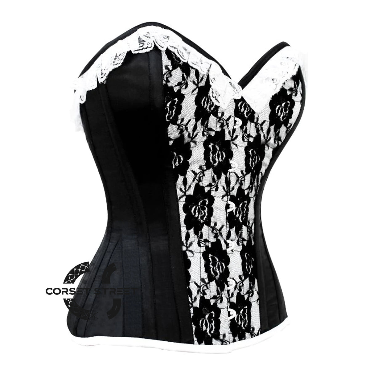 Black And White Brocade With Front Busk Overbust Corset