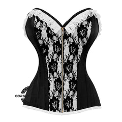 Black And White Brocade With Front Antique Zipper Overbust Corset