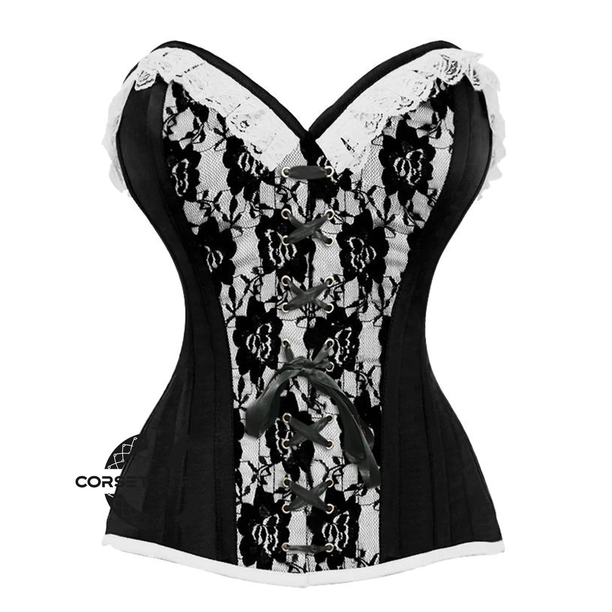 Black And White Brocade With Front Ribbon Overbust Corse