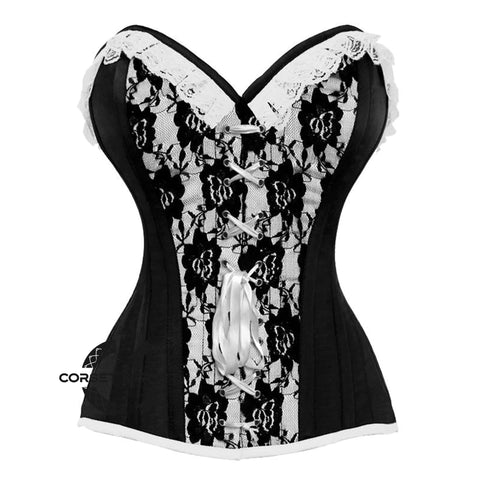Black And White Brocade With Front White Ribbon Overbust Corset