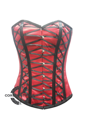 Red Satin Black Bondage Lacing Gothic Burlesque Bustier Waist Training Overbust Plus Size Corset Costume