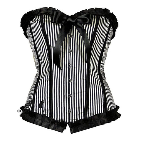 Black And White Cotton Striped Frill Gothic Overbust Corset