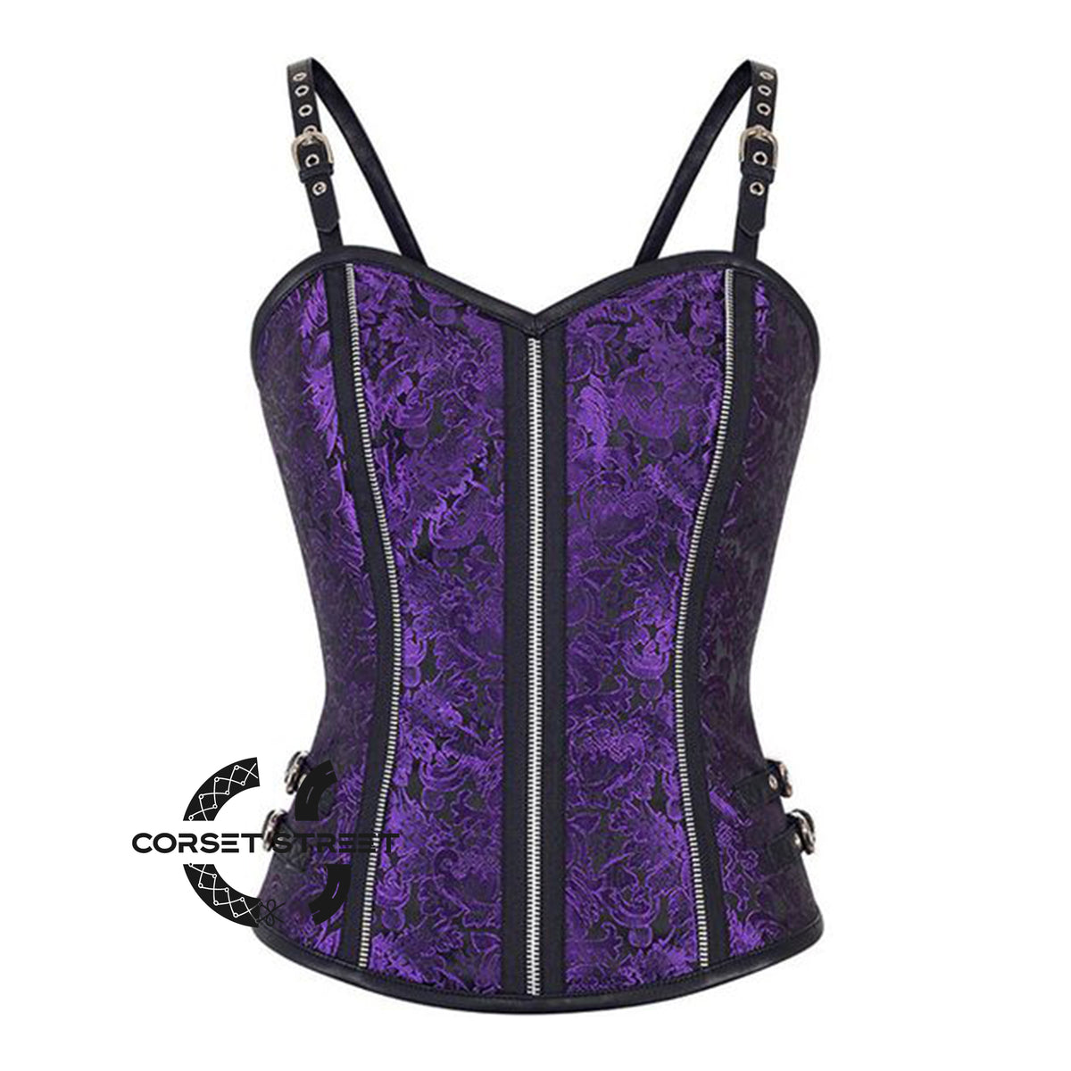 Purple Black Brocade With Leather Strap Overbust Corset