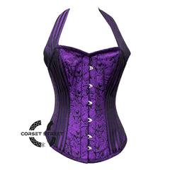 Purple Black Brocade With Halter Neck Overbust Corset