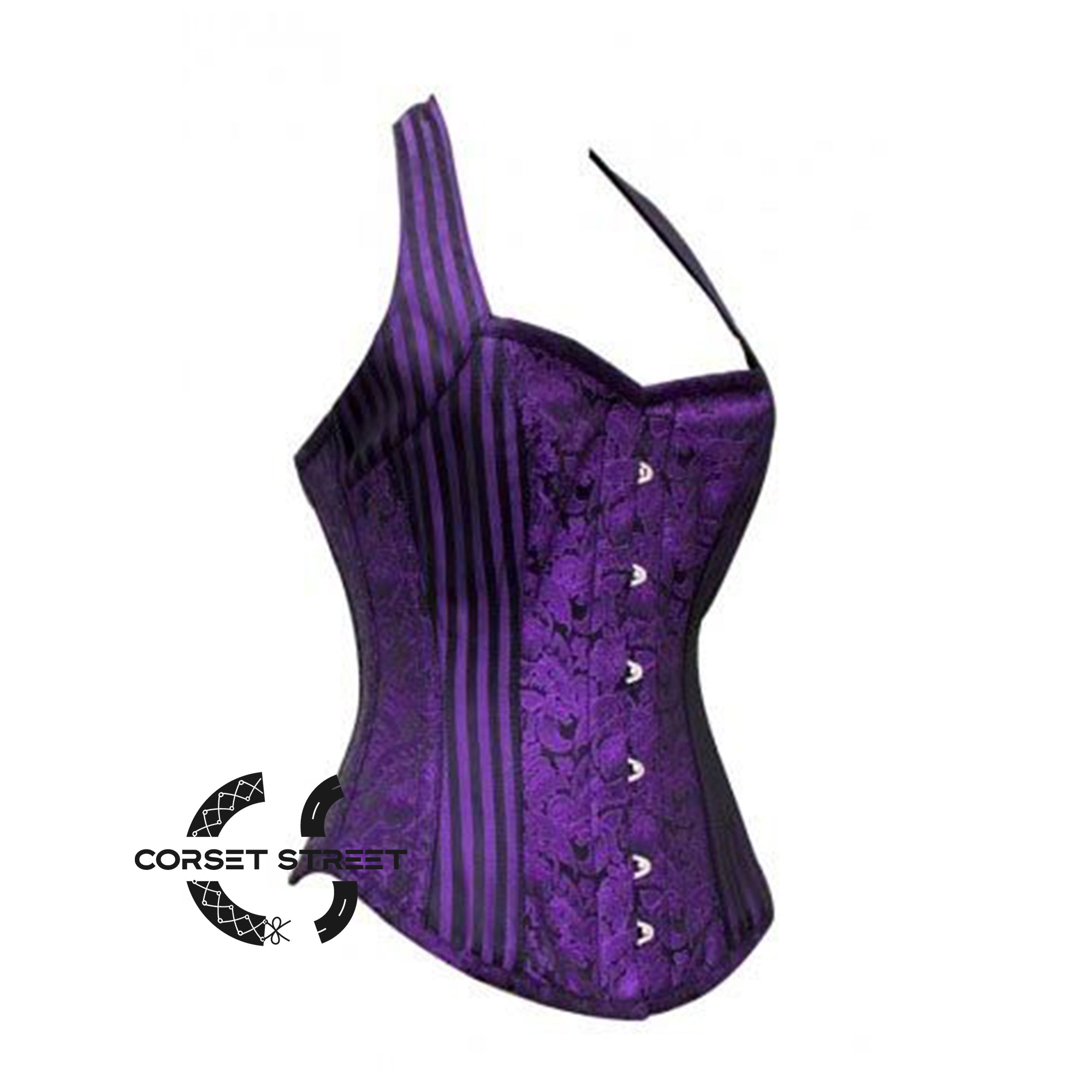 Purple Black Brocade With Halter Neck Overbust Corset