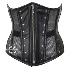 Black Leather With Mesh Zipper Steampunk Underbust Corset