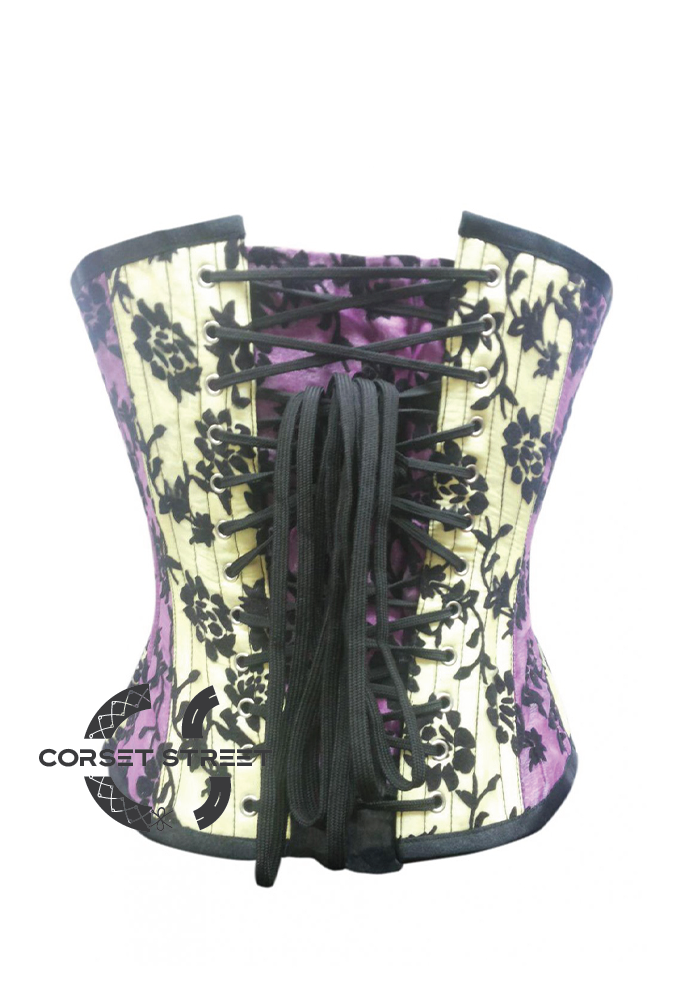 Yellow Purple Satin Tissue Flocking Gothic Burlesque Bustier Waist Training Overbust Corset Costume