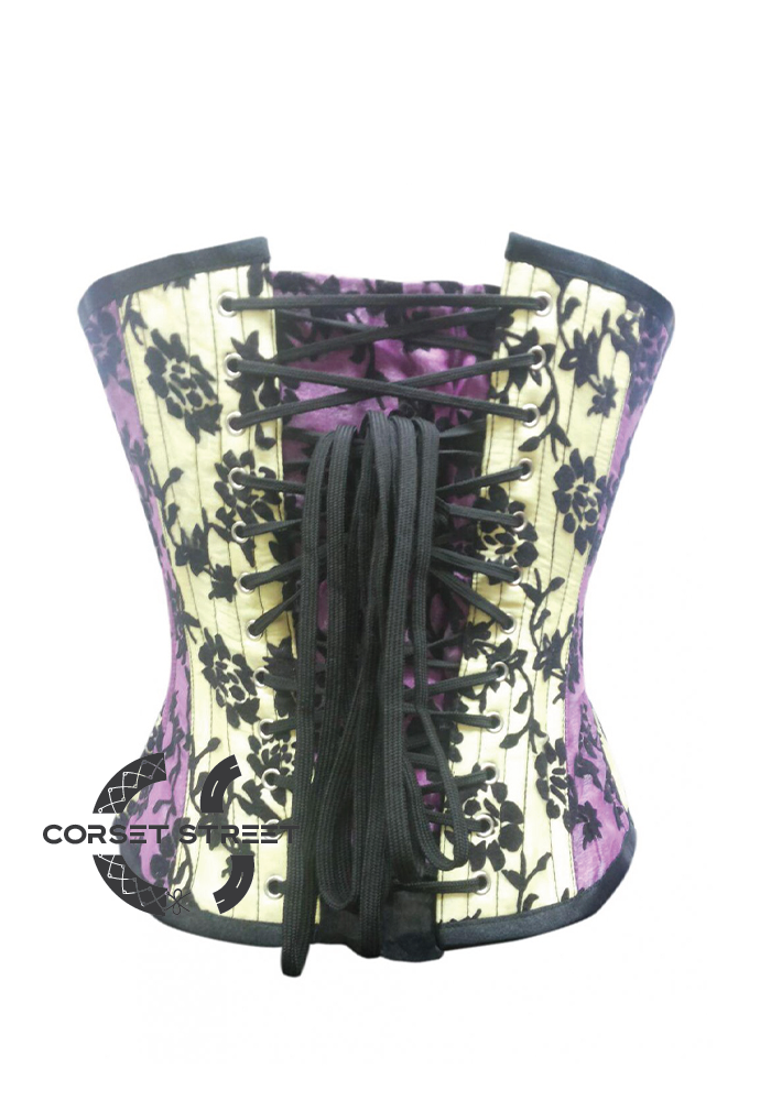 Yellow Purple Satin Tissue Flocking Gothic Burlesque Bustier Waist Training Overbust Plus Size Corset Costume