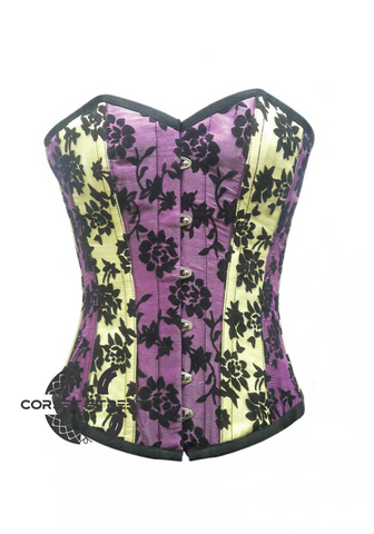 Yellow Purple Satin Tissue Flocking Gothic Burlesque Bustier Waist Training Overbust Plus Size Corset Costume
