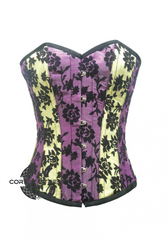 Yellow Purple Satin Tissue Flocking Gothic Burlesque Bustier Waist Training Overbust Corset Costume