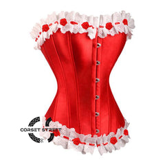 Red Satin Frill Lace Design Gothic Overbust Bustier Corset