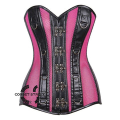 Pink Mesh Black Faux Leather Long Steampunk Overbust Bustier Corset