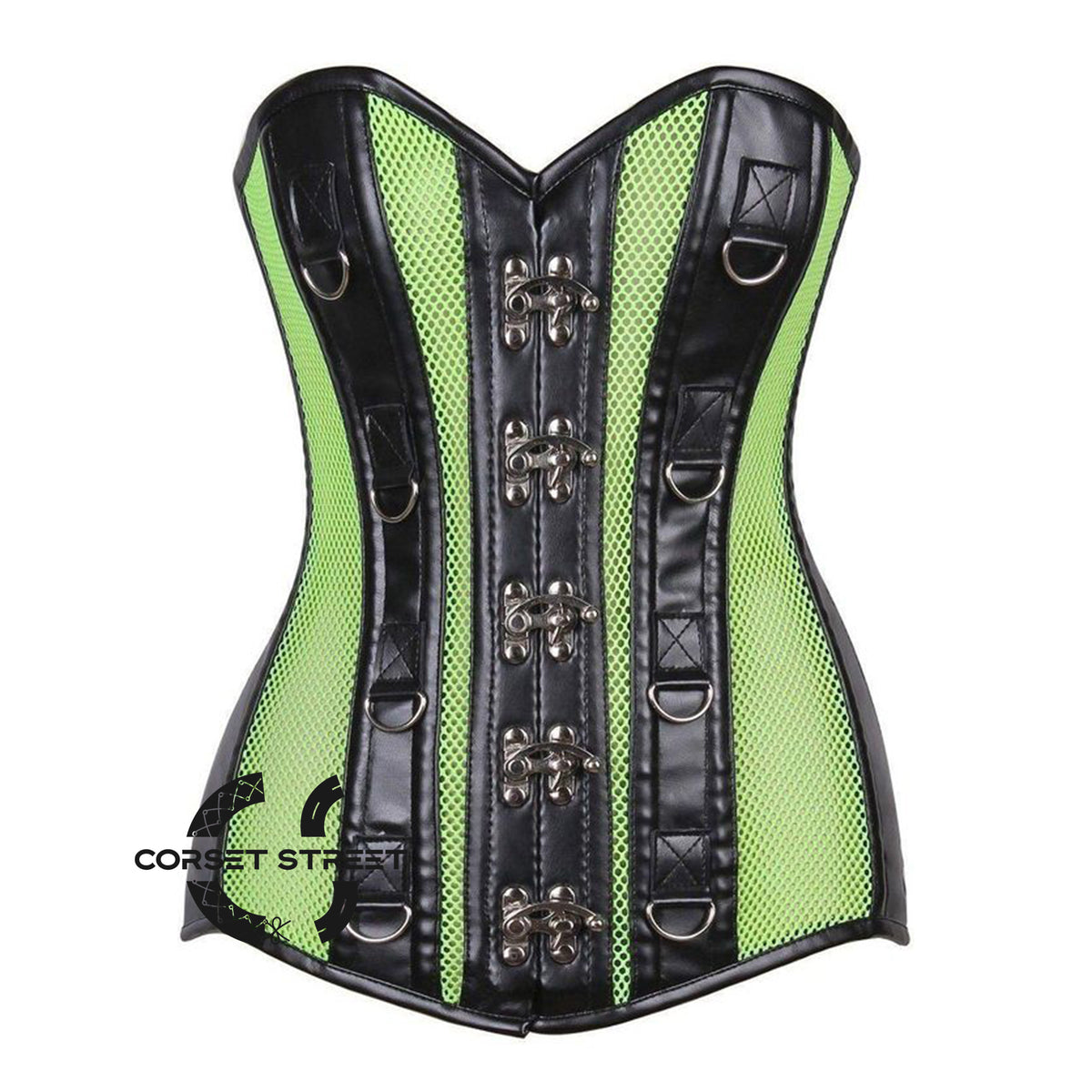 Green Mesh Black Faux Leather Long Steampunk Overbust Bustier Corset