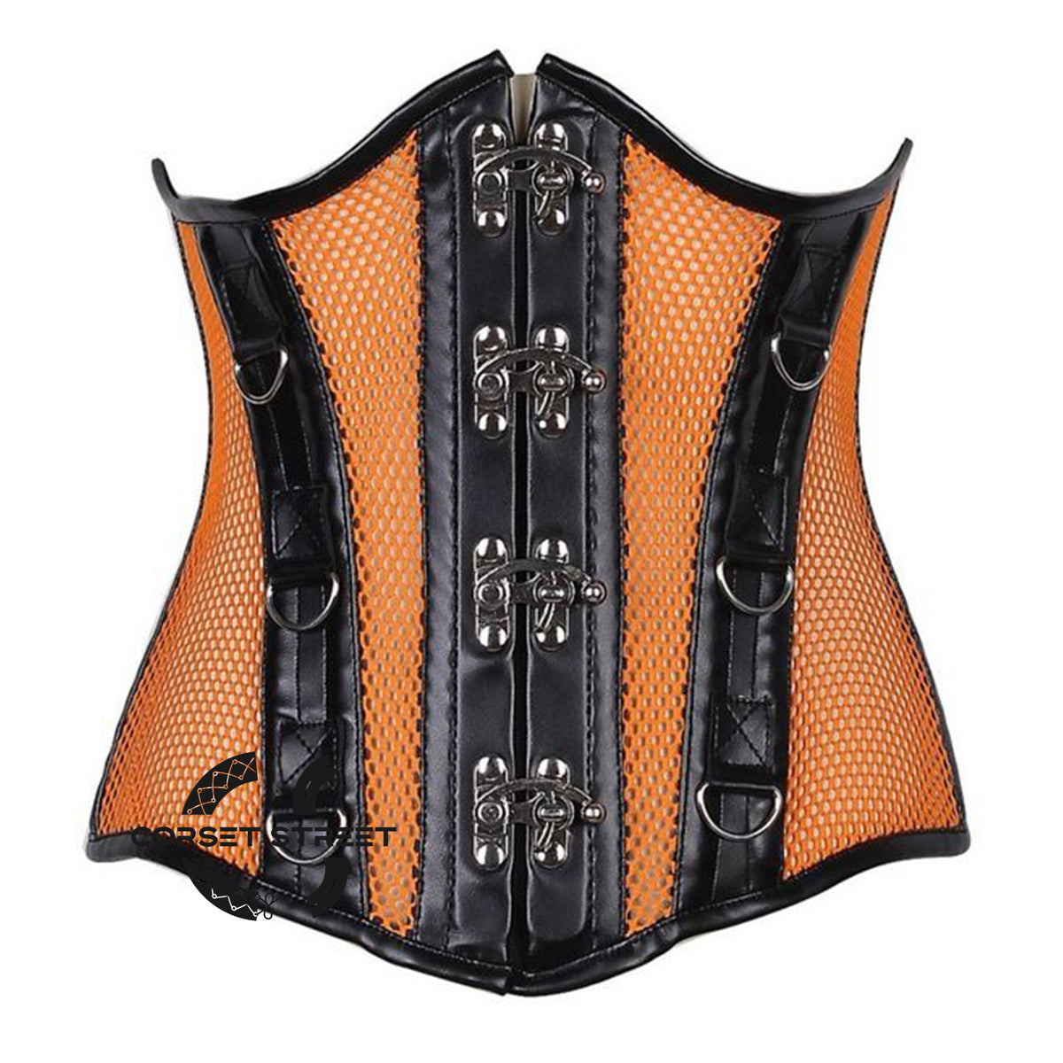 Orange Mesh Black Faux Leather Steampunk Underbust Bustier Corset