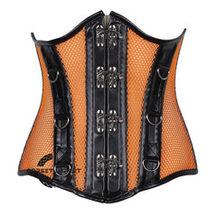 Orange Mesh Black Faux Leather Steampunk Underbust Bustier Corset