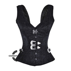 Black Brocade With Shoulder Strap Gothic Overbust Bustier Corset