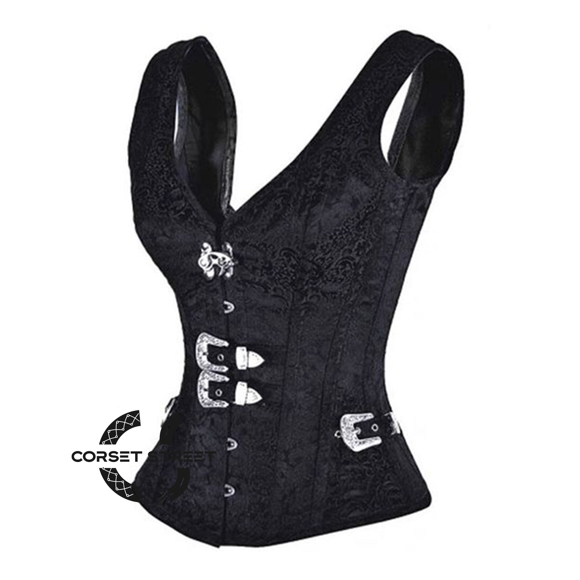 Black Brocade With Shoulder Strap Gothic Overbust Bustier Corset