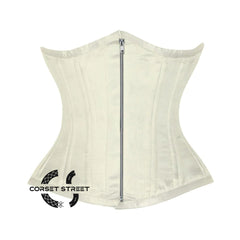 Ivory Satin Double Bone Front Zipper Gothic Underbust Bustier Corset