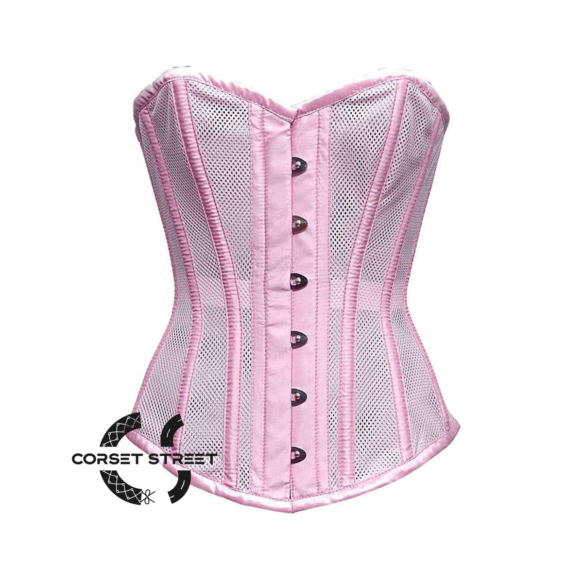 Baby Pink Satin Mesh Steampunk Sheer Overbust Corset